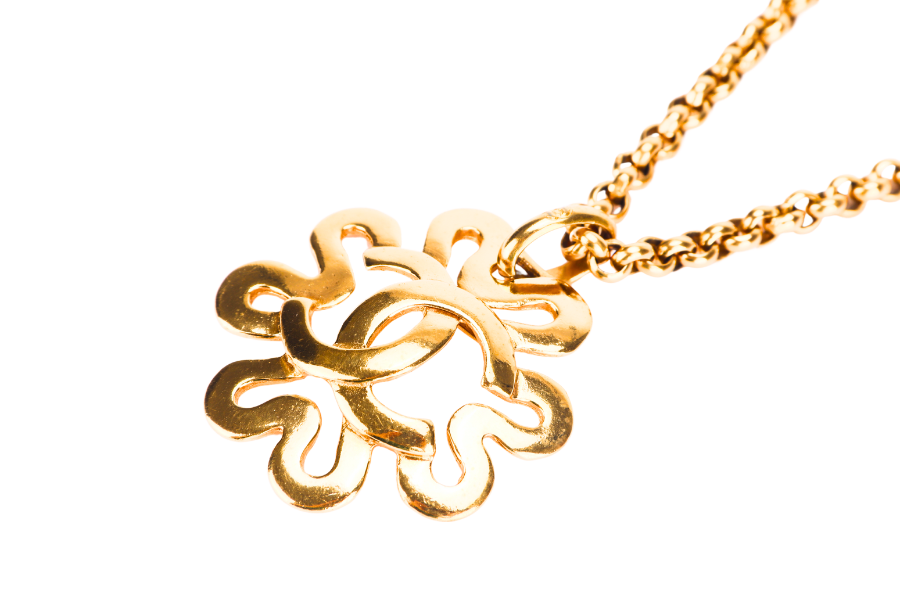 CHANEL VINTAGE GOLD PLATED NECKLACE 58CM ROUND CLOVER SHAPE CC PENDANT, NO BOX