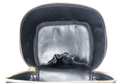 CHANEL VINTAGE VANITY CASE (411xxxx) BLACK LAMBSKIN LEATHER GOLD HARDWARE WITH THIRD PARTY CHAIN, COMPARTMENT AND