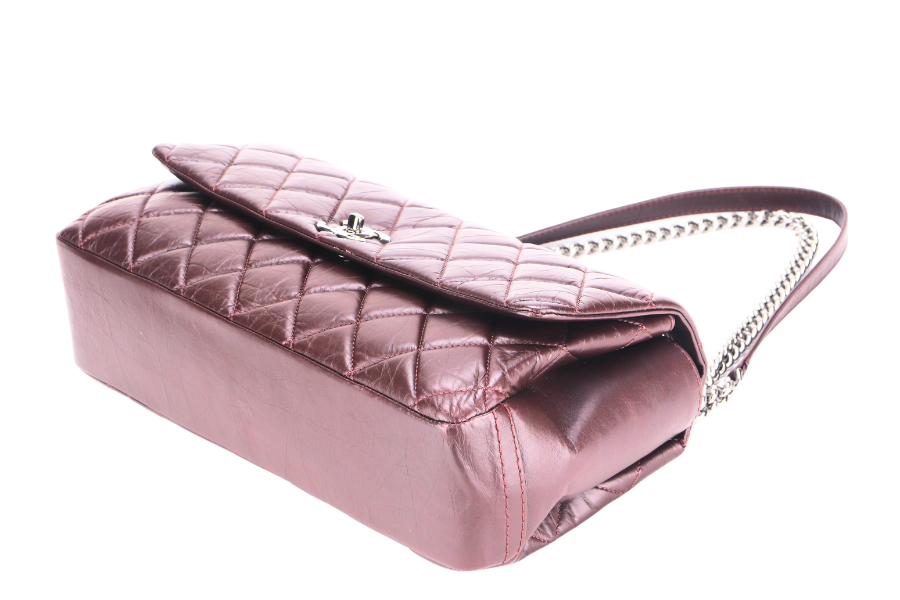 CHANEL LADY PEARLY FLAP (1690xxxx) BURGUNDY DISTRESSED LEATHER SILVER HARDWARE WITH , DUST COVER & BOX