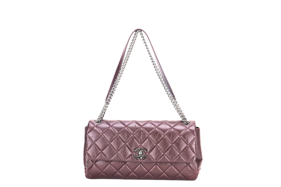 CHANEL LADY PEARLY FLAP (1690xxxx) BURGUNDY DISTRESSED LEATHER SILVER HARDWARE WITH , DUST COVER & BOX