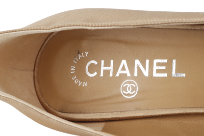 CHANEL OPEN TOE PUMPS BEIGE SATIN LEATHER SIZE 39
