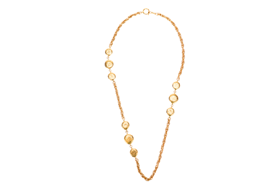 CHANEL VINTAGE GOLD PLATED NECKLACE 88CM NINE GOLD PLATED PENDANTS WITH FONTS ENGRAVES, NO BOX