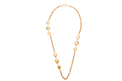 CHANEL VINTAGE GOLD PLATED NECKLACE 88CM NINE GOLD PLATED PENDANTS WITH FONTS ENGRAVES, NO BOX