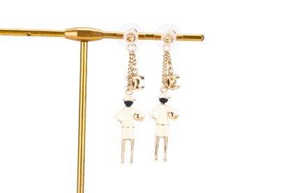 CHANEL WHITE ENAMEL COCO FIGURINE DROP EARRING, NO BOX