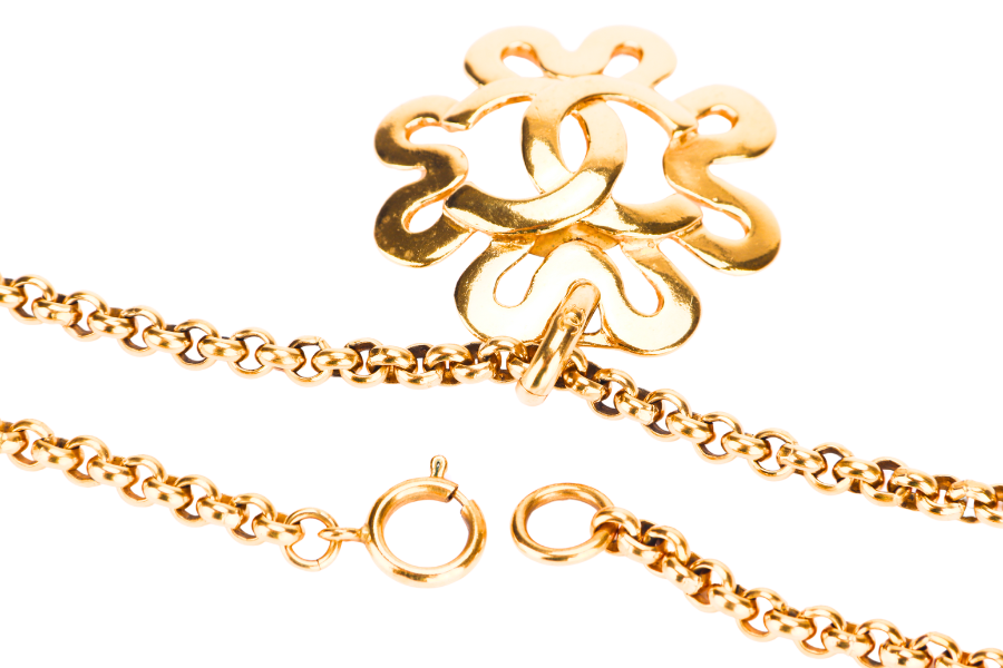 CHANEL VINTAGE GOLD PLATED NECKLACE 58CM ROUND CLOVER SHAPE CC PENDANT, NO BOX