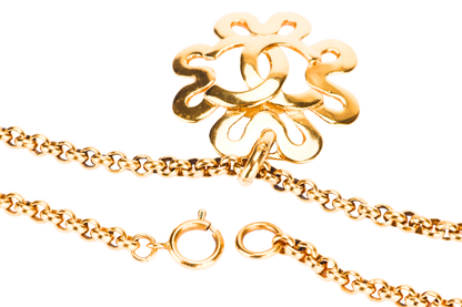 CHANEL VINTAGE GOLD PLATED NECKLACE 58CM ROUND CLOVER SHAPE CC PENDANT, NO BOX