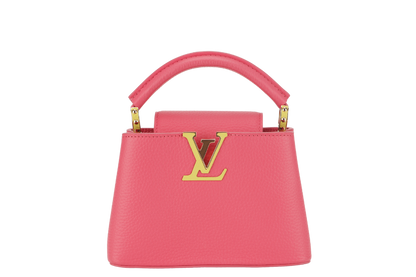 LOUIS VUITTON MINI CAPUCINES (M59440) PINK-LIME TAURILLON LEATHER GOLD HARDWARE MICROCHIP WITH STRAP, DUST COVER AND BOX
