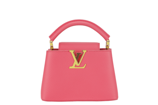 LOUIS VUITTON MINI CAPUCINES (M59440) PINK-LIME TAURILLON LEATHER GOLD HARDWARE MICROCHIP WITH STRAP, DUST COVER AND BOX