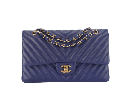 CHANEL CLASSIC FLAP CHEVRON (2117xxxx) DARK BLUE LAMBSKIN GOLD HARDWARE MEDIUM SIZE WITH  AND DUST COVER