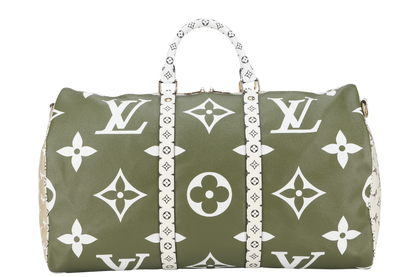 LOUIS VUITTON KEEPALL BANDOULIERE 50 (M44590) KHAKI BEIGE GIANT MONOGRAM GOLD HARDWARE WITH STRAPS, PADLOCK, KEYS, DUST COVER AND BOX