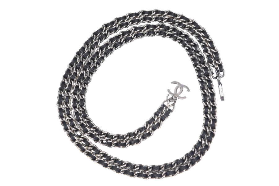 CHANEL BELT CHAIN LEATHER SILVER HARDWARE WITH BOX