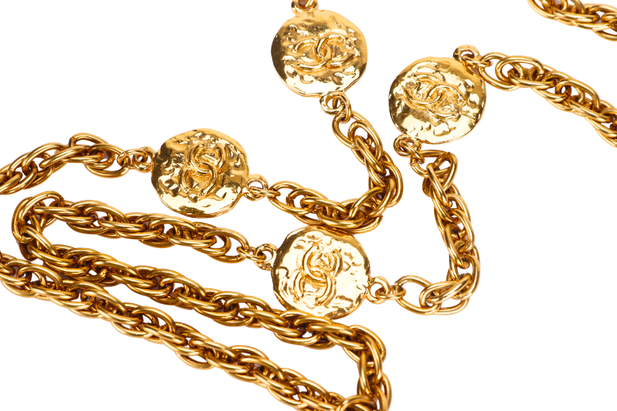 CHANEL VINTAGE GOLD PLATED NECKLACE 80CM 4 GOLD PLATED PENDANTS CC ENGRAVES, NO BOX