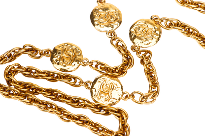 CHANEL VINTAGE GOLD PLATED NECKLACE 80CM 4 GOLD PLATED PENDANTS CC ENGRAVES, NO BOX