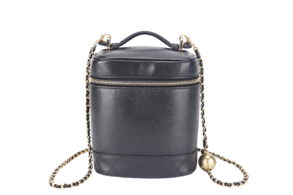 CHANEL VINTAGE VANITY CASE (411xxxx) BLACK LAMBSKIN LEATHER GOLD HARDWARE WITH THIRD PARTY CHAIN, COMPARTMENT AND