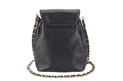CHANEL VINTAGE BLACK CAVIAR MINI SLING BUCKET BAG WITH FLAP GOLD HARDWARE NO , NO DUST COVER