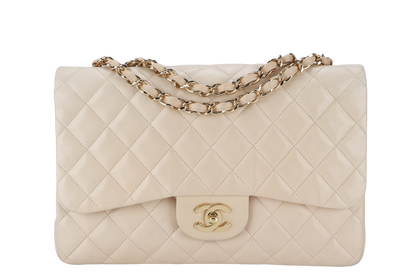 CHANEL CLASSIC SINGLE FLAP (1309xxxx) JUMBO BEIGE LAMBSKIN GOLD HARDWARE WITH