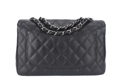 CHANEL CLASSIC FLAP JUMBO (1357xxxx) BLACK CAVIAR LEATHER SILVER HARDWARE WITH DUST COVER AND