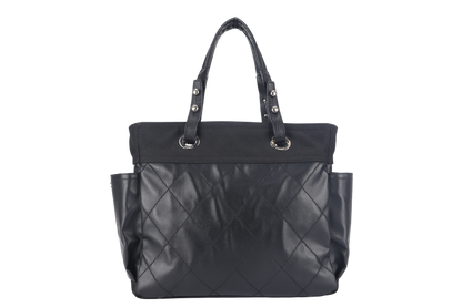 CHANEL PARIS BIARRITZ MEDIUM TOTE (1251xxxx) BLACK COATED CANVAS SILVER HARDWARE WITH , DUST COVER AND BOX