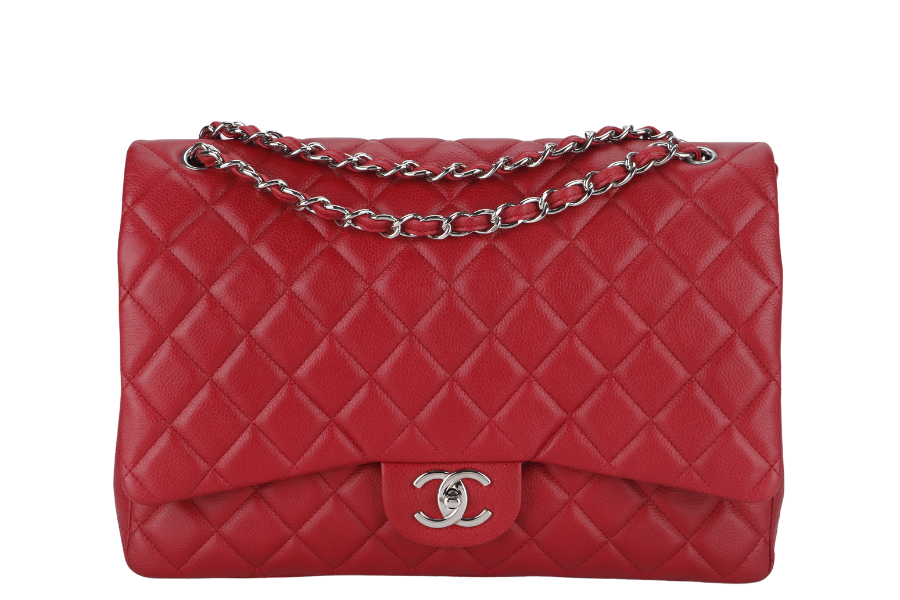 CHANEL CLASSIC FLAP MAXI (1442xxxx) RED CAVIAR LEATHER SILVER HARDWARE WITH