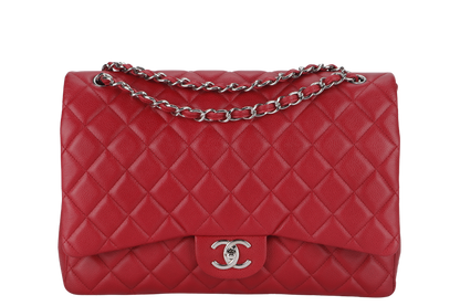 CHANEL CLASSIC FLAP MAXI (1442xxxx) RED CAVIAR LEATHER SILVER HARDWARE WITH