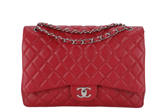 CHANEL CLASSIC FLAP MAXI (1442xxxx) RED CAVIAR LEATHER SILVER HARDWARE WITH