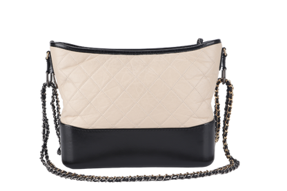 CHANEL GABRIELLE HOBO MEDIUM (2403xxxx) BEIGE-BLACK AGED CALFSKIN WITH GOLD TONE/SILVER TONE & RUTHENIUM HARDWARE WITH DUST COVER AND BOX