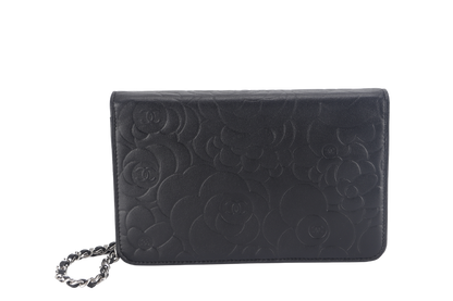 CHANEL CAMELLIA W.O.C (1609xxxx) BLACK EMBOSSED LAMBSKIN SILVER HARDWARE  WITH  AND BOX