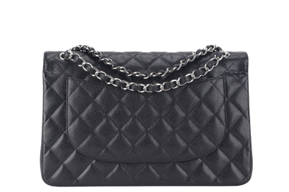 CHANEL CLASSIC FLAP JUMBO (1524xxxx) BLACK CAVIAR SILVER HARDWARE WITH  AND DUST COVER
