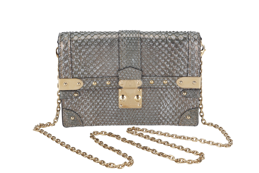 LOUIS VUITTON TRUNK CHAIN WALLET (N99721) PYTHON METALLIC LEATHER GOLD HARDWARE WITH CHAIN, STRAP AND DUST COVER