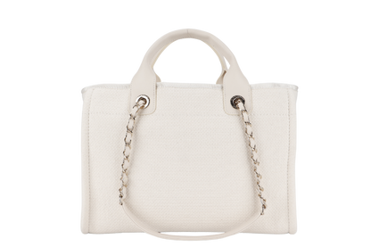 CHANEL DEAUVILLE SMALL BEIGE & WHITE CANVAS (K17Lxxxx) GOLD HARDWARE WITH DUST COVER AND BOX
