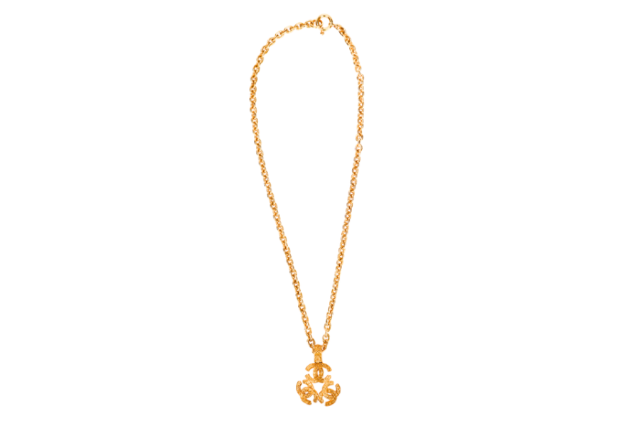 CHANEL VINTAGE GOLD PLATED NECKLACE 58CM ROUND CLOVER SHAPE CC PENDANT, NO BOX