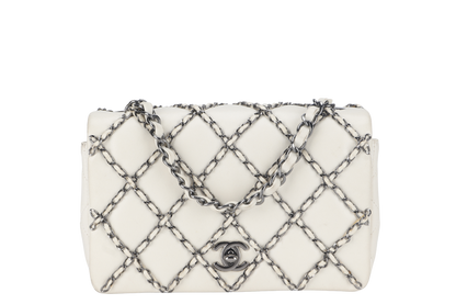 CHANEL QUILTING ENCHAINED FLAP BAG (1968xxxx) WHITE LAMBSKIN LEATHER SILVER HARDWARE WITH , DUST COVER AND BOX
