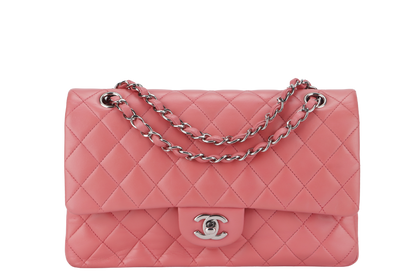 CHANEL FLAP MEDIUM (1632xxxx) PINK LAMBSKIN LEATHER SILVER HARDWARE WITH , DUST COVER AND BOX