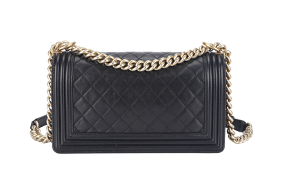 CHANEL LE BOY OLD MEDIUM (2165xxxx) BLACK LAMBSKIN GOLD HARDWARE WITH DUST COVER,  AND BOX