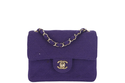 CHANEL CLASSIC FLAP MINI SQUARE (648xxxx) PURPLE JERSEY GOLD HARDWARE WITH DUST COVER AND