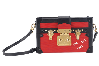 LOUIS VUITTON PETITE MALLE (M500313) ROUGE, BLACK EPI LEATHER SHOULDER BAG GOLD HARDWARE WITH DUST COVER AND BOX