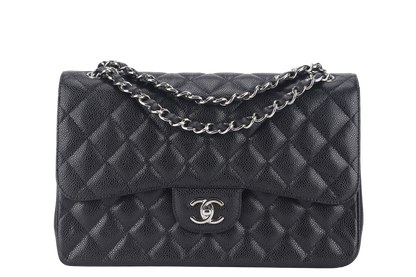 CHANEL CLASSIC FLAP JUMBO (1524xxxx) BLACK CAVIAR SILVER HARDWARE WITH  AND DUST COVER
