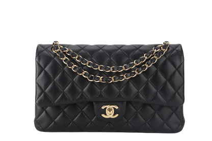CHANEL CLASSIC FLAP MEDIUM BLACK LAMBSKIN GOLD HARDWARE WITH  (3040xxxx) WITH DUST COVER  AND BOX