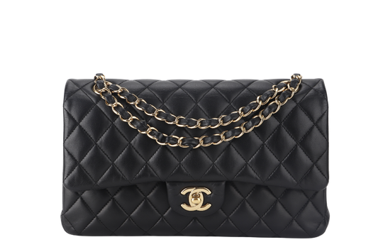 CHANEL CLASSIC FLAP MEDIUM BLACK LAMBSKIN GOLD HARDWARE WITH  (3040xxxx) WITH DUST COVER  AND BOX