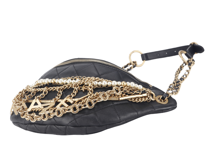 CHANEL 19A ALL ABOUT CHAINS (2830xxxx) BLACK LEATHER BUMBAG WITH  AND DUST COVER