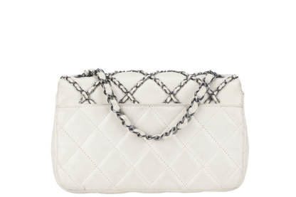 CHANEL QUILTING ENCHAINED FLAP BAG (1968xxxx) WHITE LAMBSKIN LEATHER SILVER HARDWARE WITH , DUST COVER AND BOX