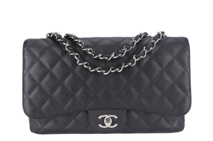 CHANEL CLASSIC FLAP JUMBO (1357xxxx) BLACK CAVIAR LEATHER SILVER HARDWARE WITH DUST COVER AND