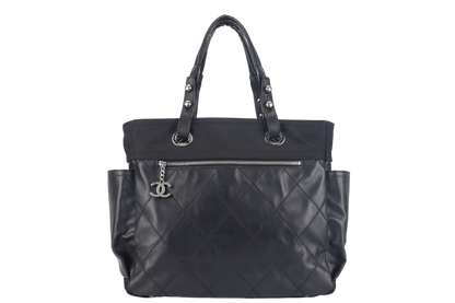CHANEL PARIS BIARRITZ MEDIUM TOTE (1251xxxx) BLACK COATED CANVAS SILVER HARDWARE WITH , DUST COVER AND BOX