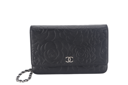 CHANEL CAMELLIA W.O.C (1609xxxx) BLACK EMBOSSED LAMBSKIN SILVER HARDWARE  WITH  AND BOX