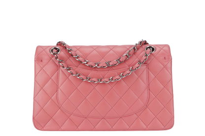 CHANEL FLAP MEDIUM (1632xxxx) PINK LAMBSKIN LEATHER SILVER HARDWARE WITH , DUST COVER AND BOX