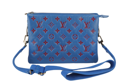 LOUIS VUITTON COUSSIN CROSSBODY BAG PM BLUE & RED EMBOSSED LAMBSKIN GOLD HARDWARE MICROCHIP WITH DUST COVER AND BOX