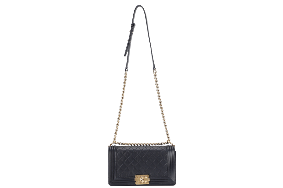 CHANEL LE BOY OLD MEDIUM (2165xxxx) BLACK LAMBSKIN GOLD HARDWARE WITH DUST COVER,  AND BOX