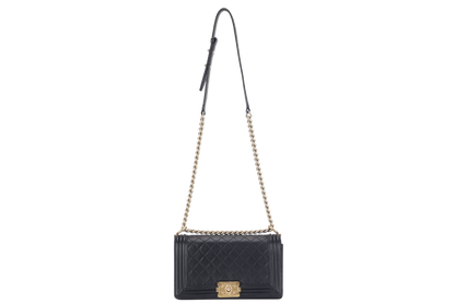 CHANEL LE BOY OLD MEDIUM (2165xxxx) BLACK LAMBSKIN GOLD HARDWARE WITH DUST COVER,  AND BOX