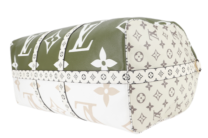 LOUIS VUITTON KEEPALL BANDOULIERE 50 (M44590) KHAKI BEIGE GIANT MONOGRAM GOLD HARDWARE WITH STRAPS, PADLOCK, KEYS, DUST COVER AND BOX