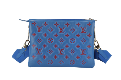 LOUIS VUITTON COUSSIN CROSSBODY BAG PM BLUE & RED EMBOSSED LAMBSKIN GOLD HARDWARE MICROCHIP WITH DUST COVER AND BOX